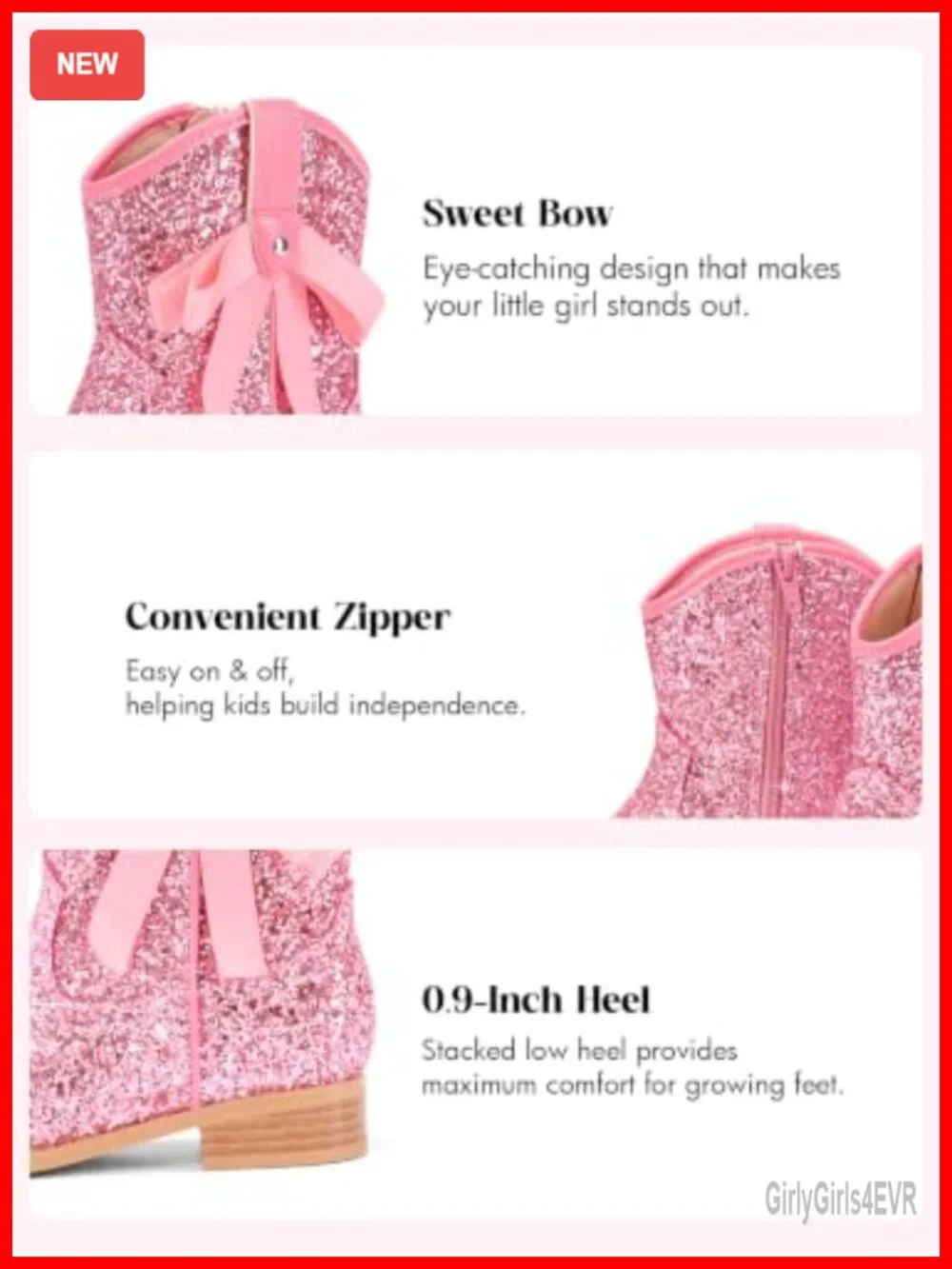 Girls Glitter Cowboy Ankle Booties Low Block Heel Side Zipper Bow Dress Boots